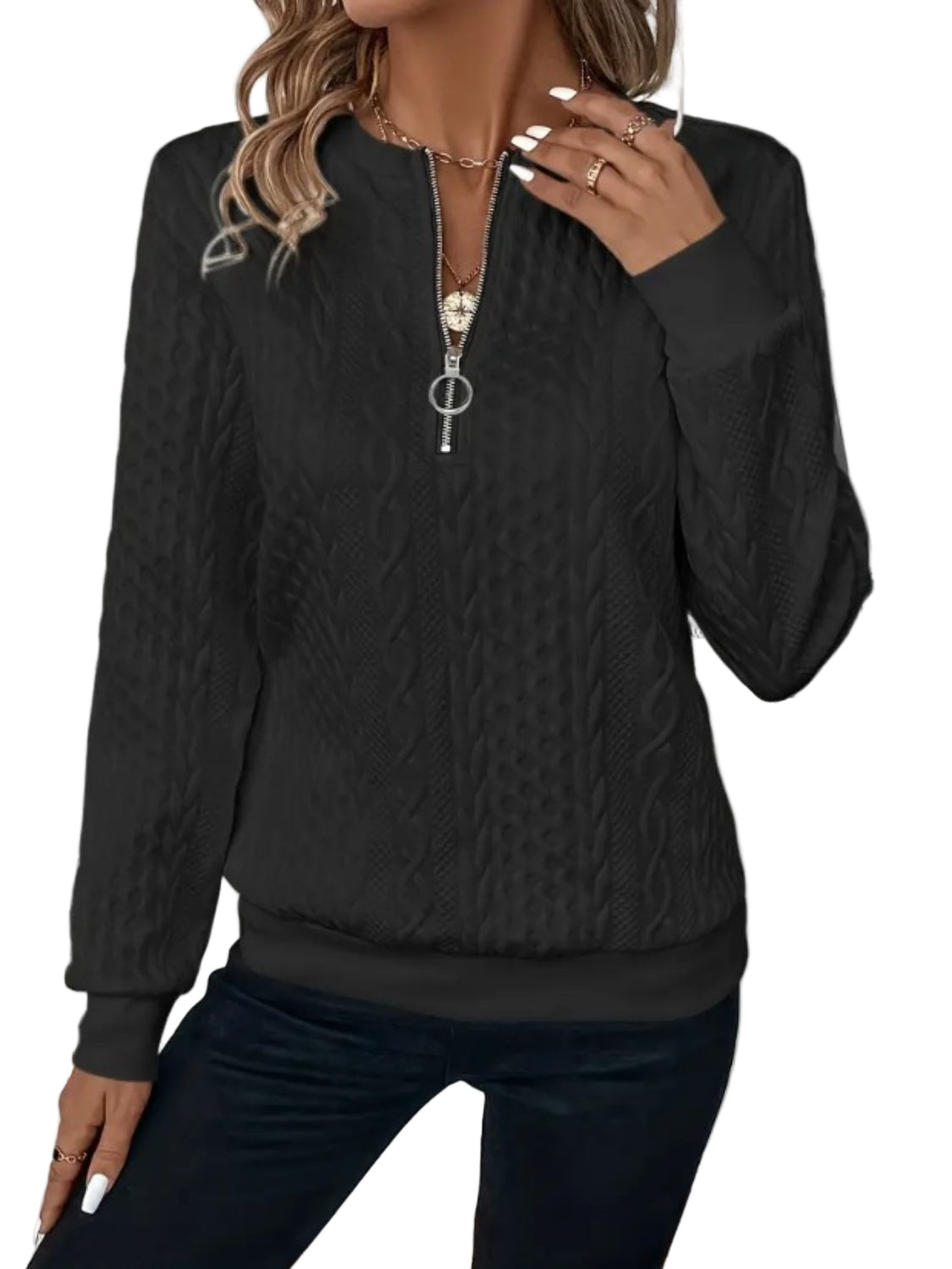 Kvinders Halv Zip Langærmet Sweatshirt Tekstur Polyester 11