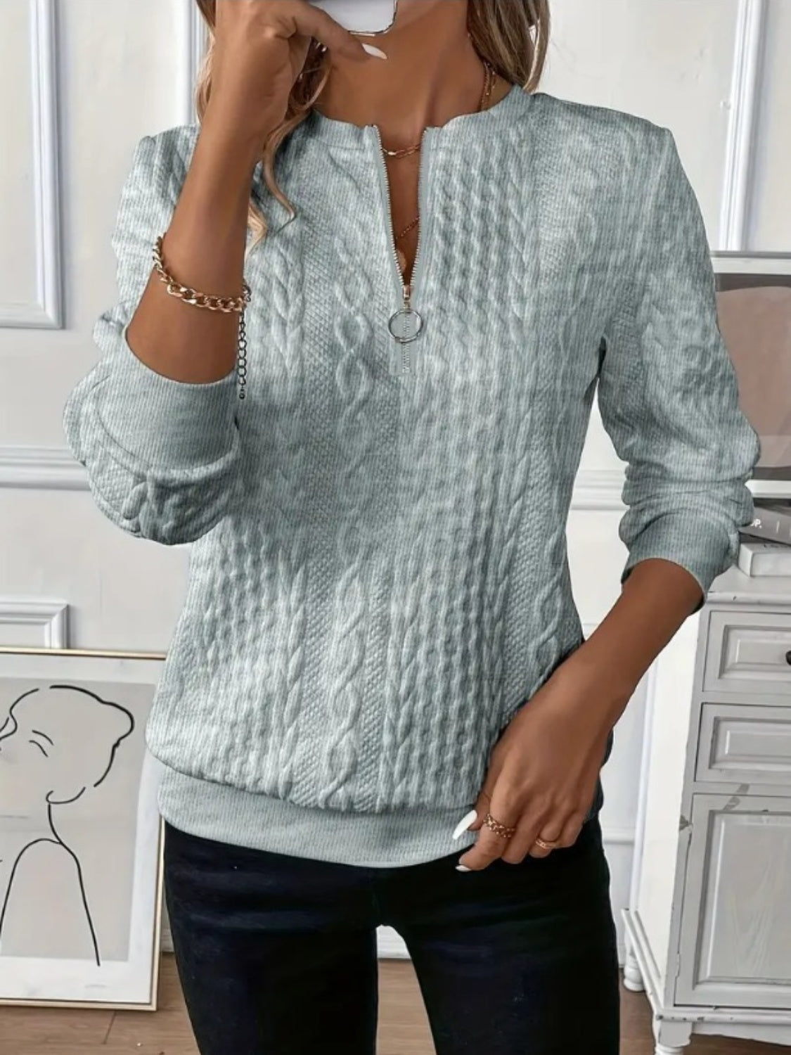 Kvinders Halv Zip Langærmet Sweatshirt Tekstur Polyester 6