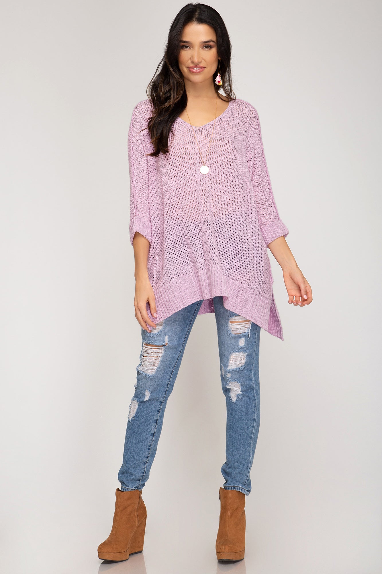 Kvinders Hi-Lo Sweater Top med 3/4 Ærmer i Lilla Pink 1