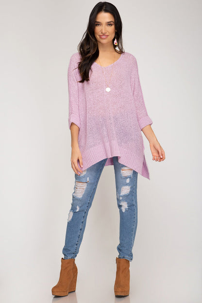 Kvinders Hi-Lo Sweater Top med 3/4 Ærmer i Lilla Pink 1