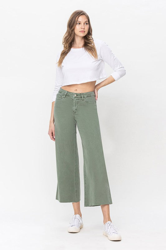 Kvinders Høj Talje Bred Ben Jeans Army Green 1