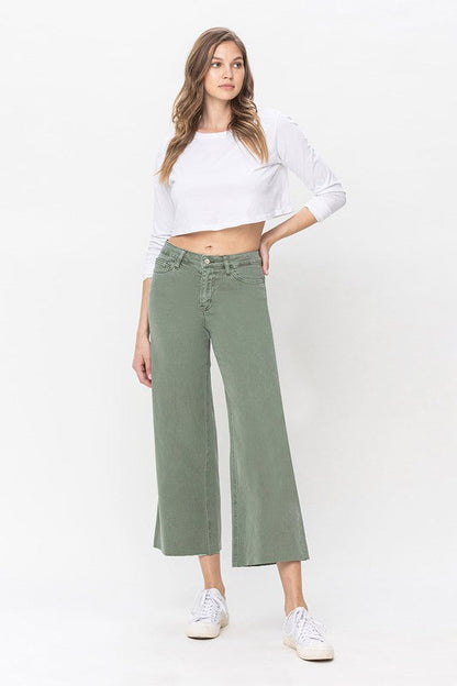 Kvinders Høj Talje Bred Ben Jeans Army Green 1