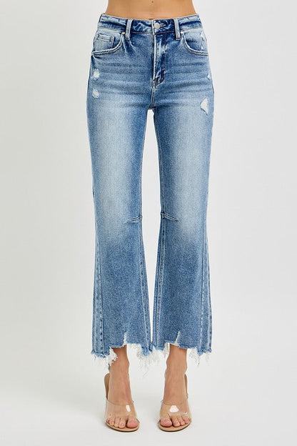 Kvinders Høj Talje Crop Straight Jeans med Distressed Kant 2