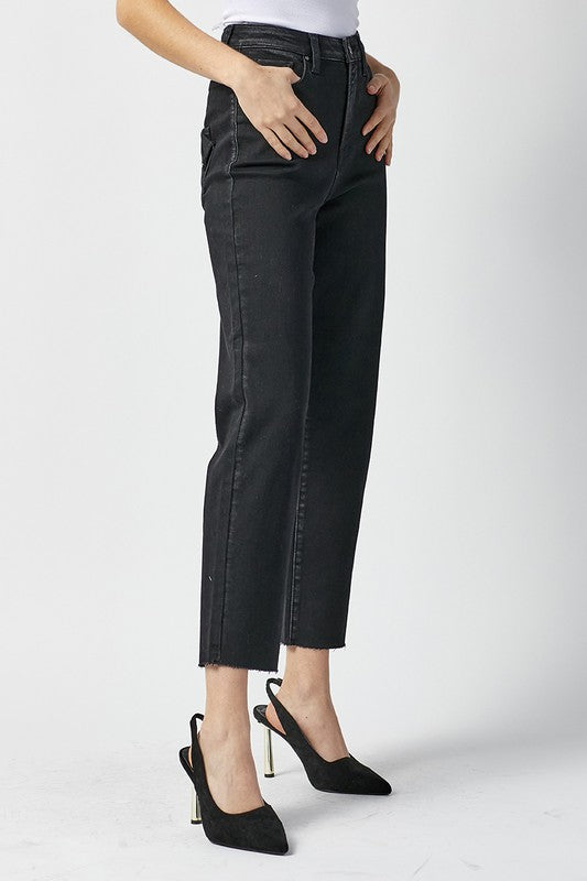 Kvinders Høj Talje Mom Fit Jeans Vasket Sort 1