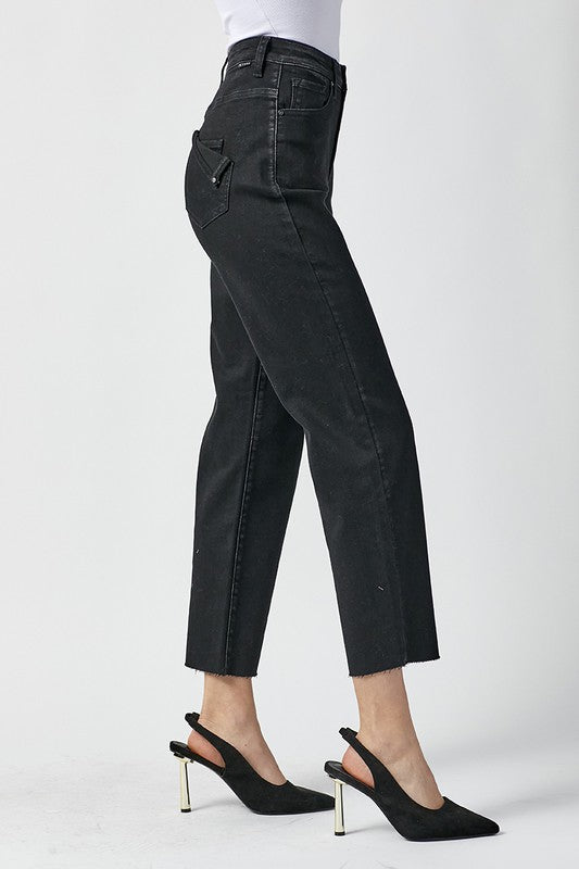 Kvinders Høj Talje Mom Fit Jeans Vasket Sort 2