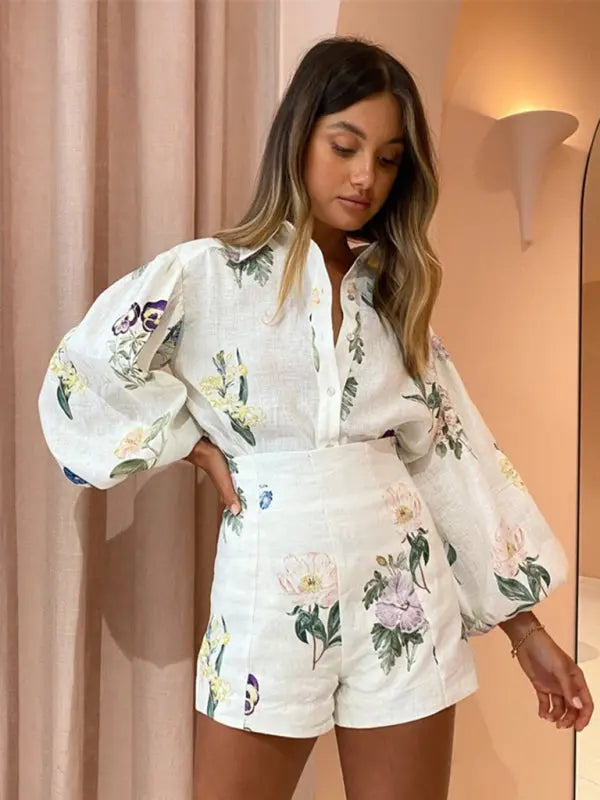 Kvinders Højtaljede Shorts Bluse Sæt Blomsterprint Polyester 2