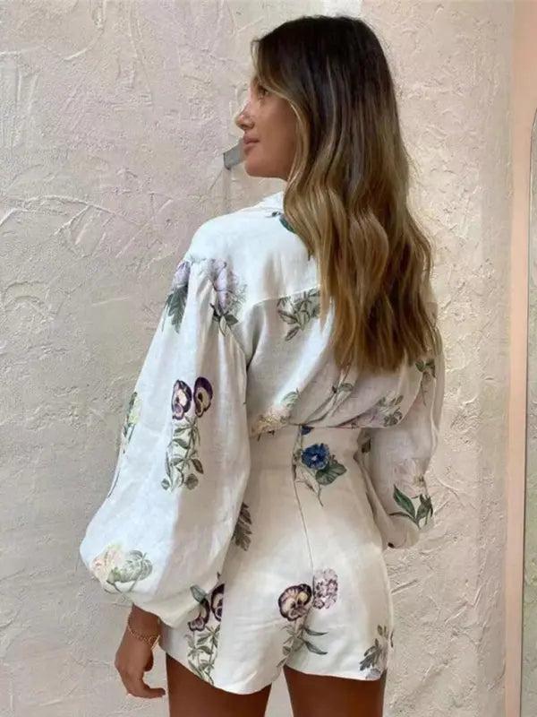 Kvinders Højtaljede Shorts Bluse Sæt Blomsterprint Polyester 3