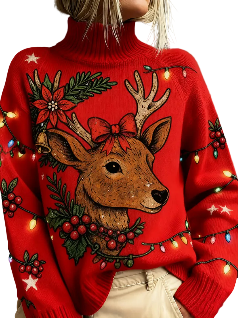 Kvinders Julesweater med Høj Krave og Hjorteprint 0