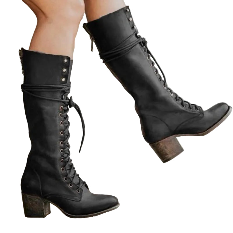 Kvinders Knæhøje Støvler med Snørebånd og Blokhæl 0