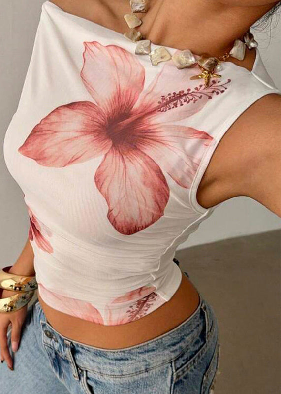 Kvinders Korte Toppe med Skråhals og Blomsterprint 2