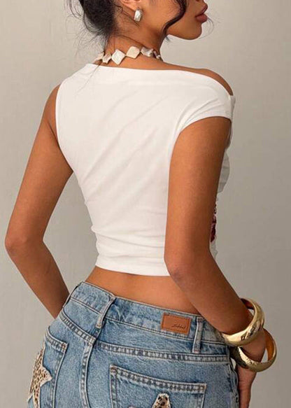 Kvinders Korte Toppe med Skråhals og Blomsterprint 4