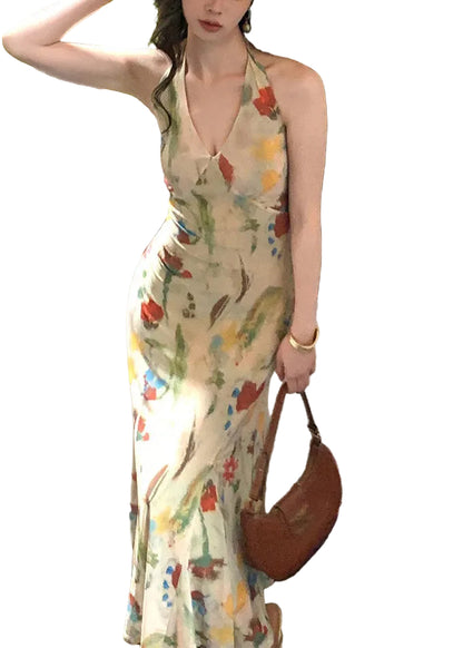 Kvinders Lang Festkjole Halter Hals med Print 0