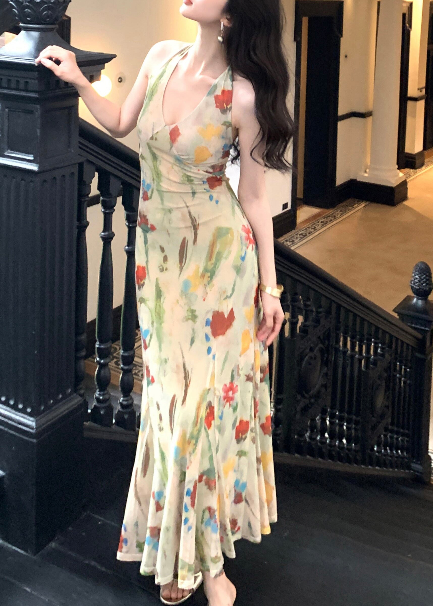 Kvinders Lang Festkjole Halter Hals med Print 2