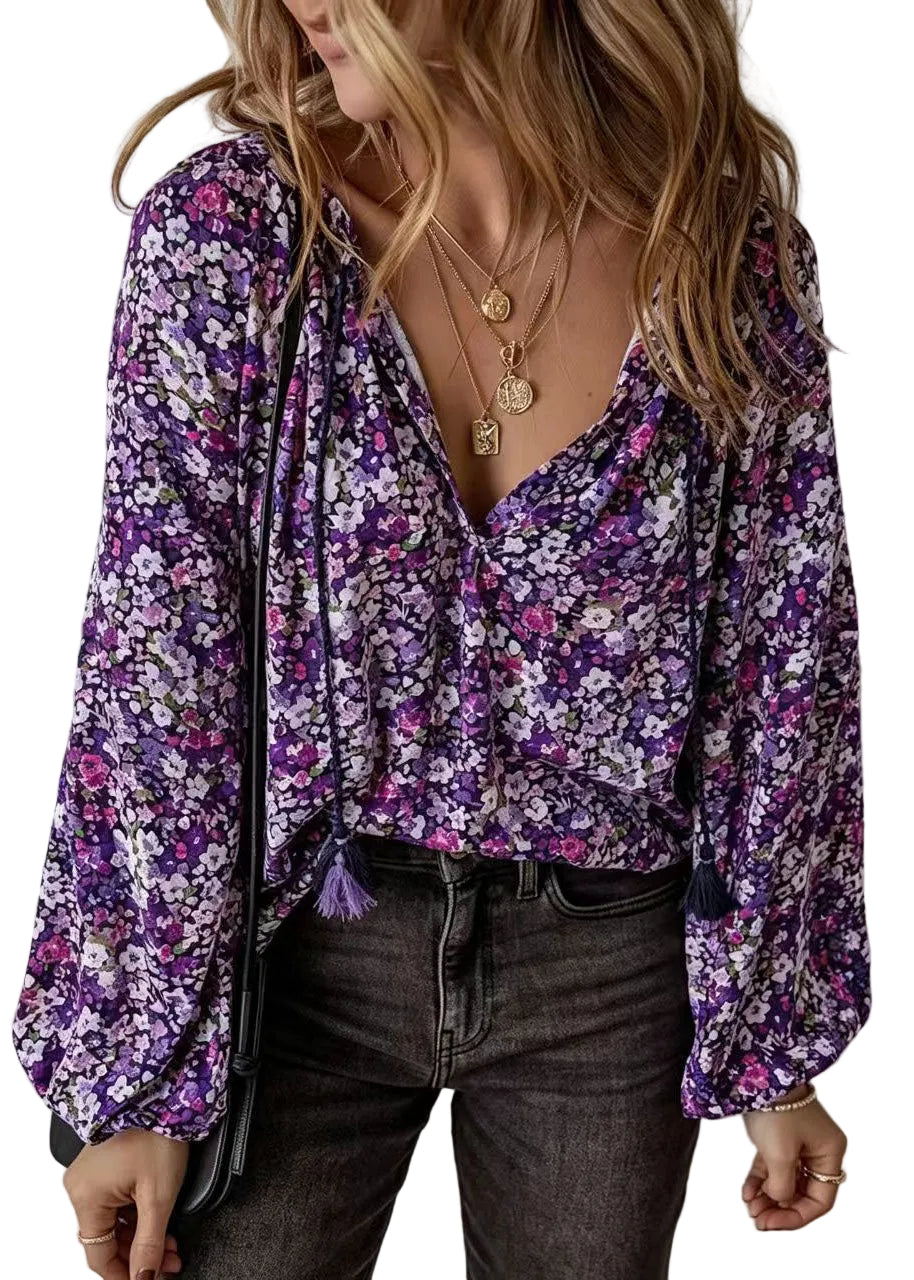 Kvinders Langærmet Bluse med V-hals og Print Moderne Stil 0