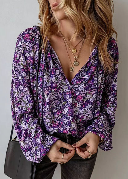 Kvinders Langærmet Bluse med V-hals og Print Moderne Stil 1