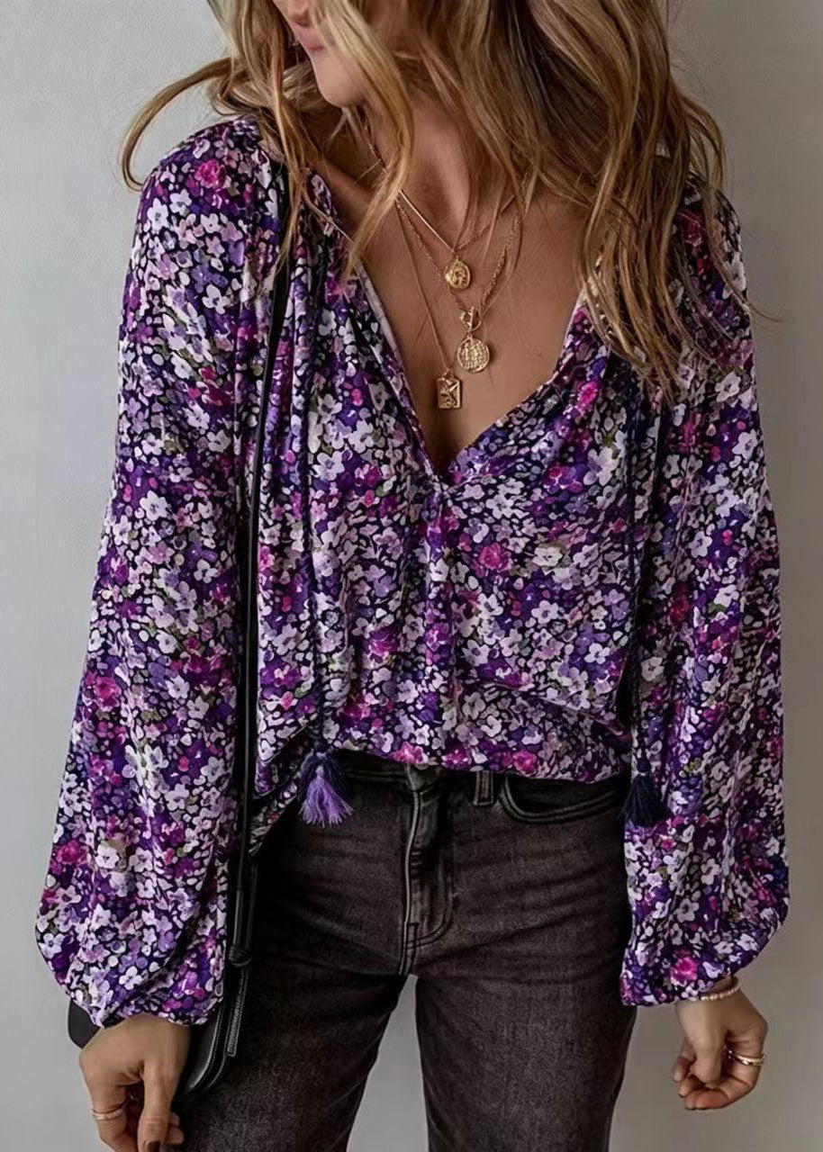 Kvinders Langærmet Bluse med V-hals og Print Moderne Stil 2