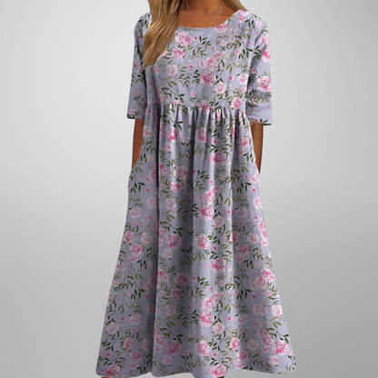 Kvinders Midi Kjole Blomstret Afslappet Stil 5