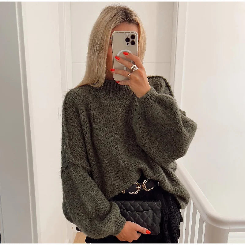 Kvinders Oversize Strikpullover med Let Stehkragen 5