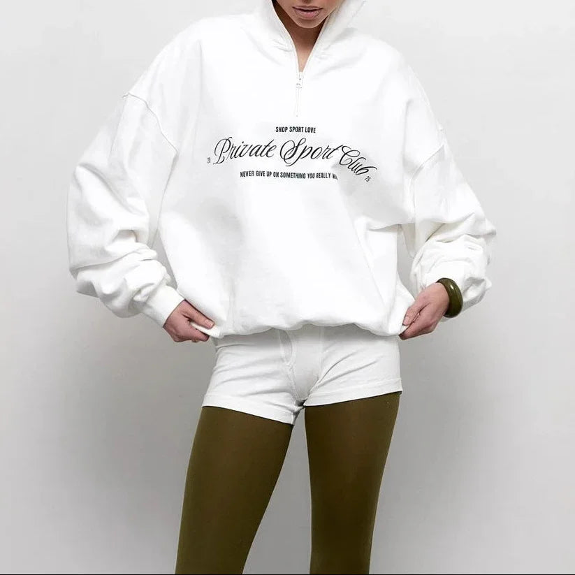 Kvinders Oversize Sweatshirt med Halv Lynlås og Bogstavtryk 1