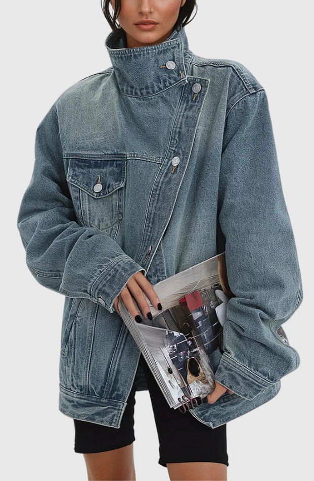 Kvinders Oversized Denim Jakke Med Høj Krave Asymmetrisk Design 1