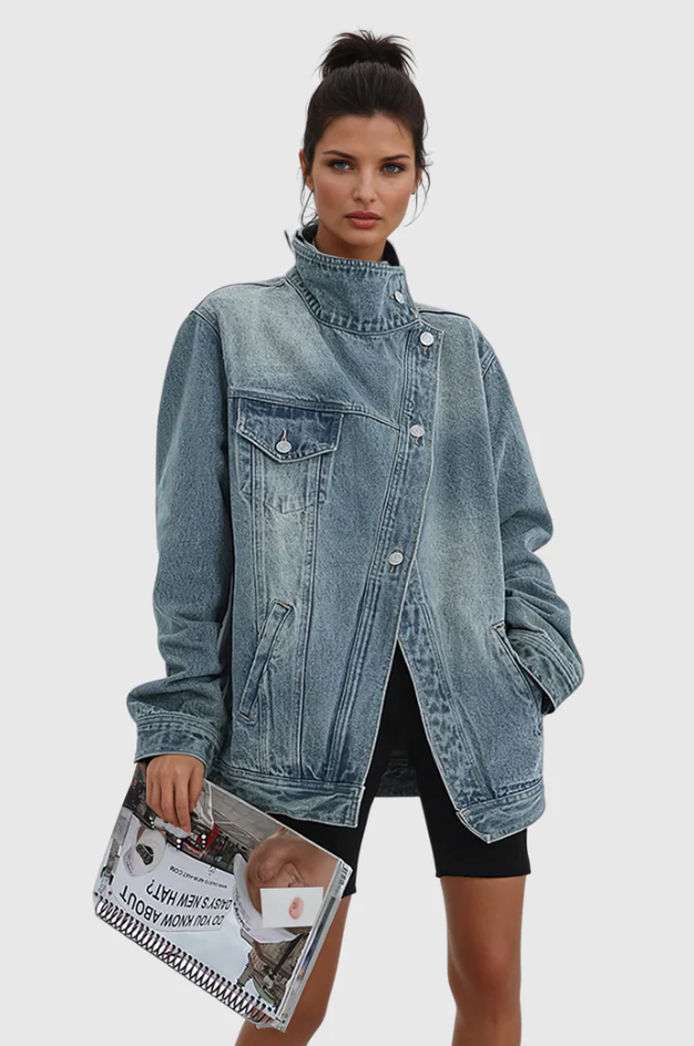 Kvinders Oversized Denim Jakke Med Høj Krave Asymmetrisk Design 2