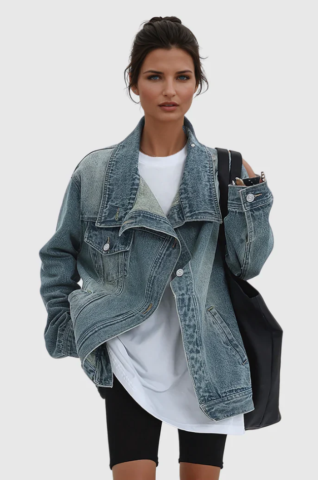 Kvinders Oversized Denim Jakke Med Høj Krave Asymmetrisk Design 3