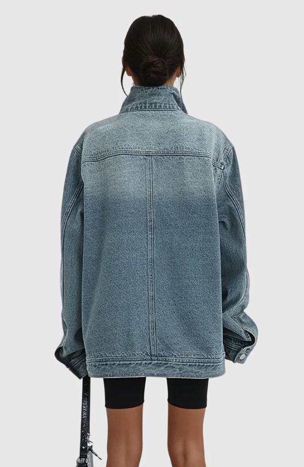 Kvinders Oversized Denim Jakke Med Høj Krave Asymmetrisk Design 4