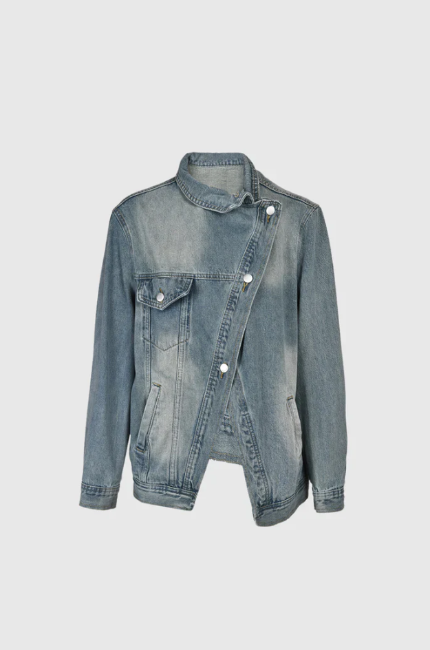 Kvinders Oversized Denim Jakke Med Høj Krave Asymmetrisk Design 5