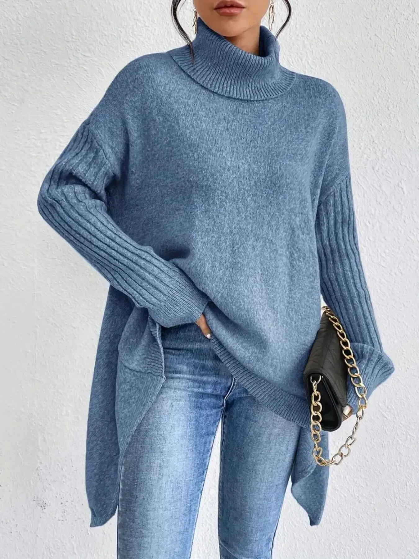 Kvinders Oversized Rullekrave Sweater Asymmetrisk Design 3