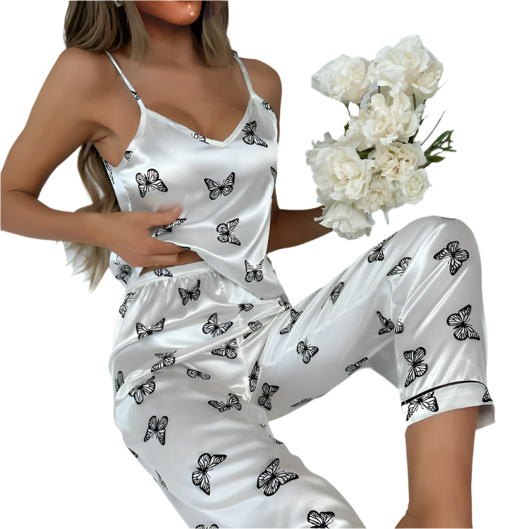 Kvinders Pyjamas Sæt Med Sommerfugl Print Satin 0