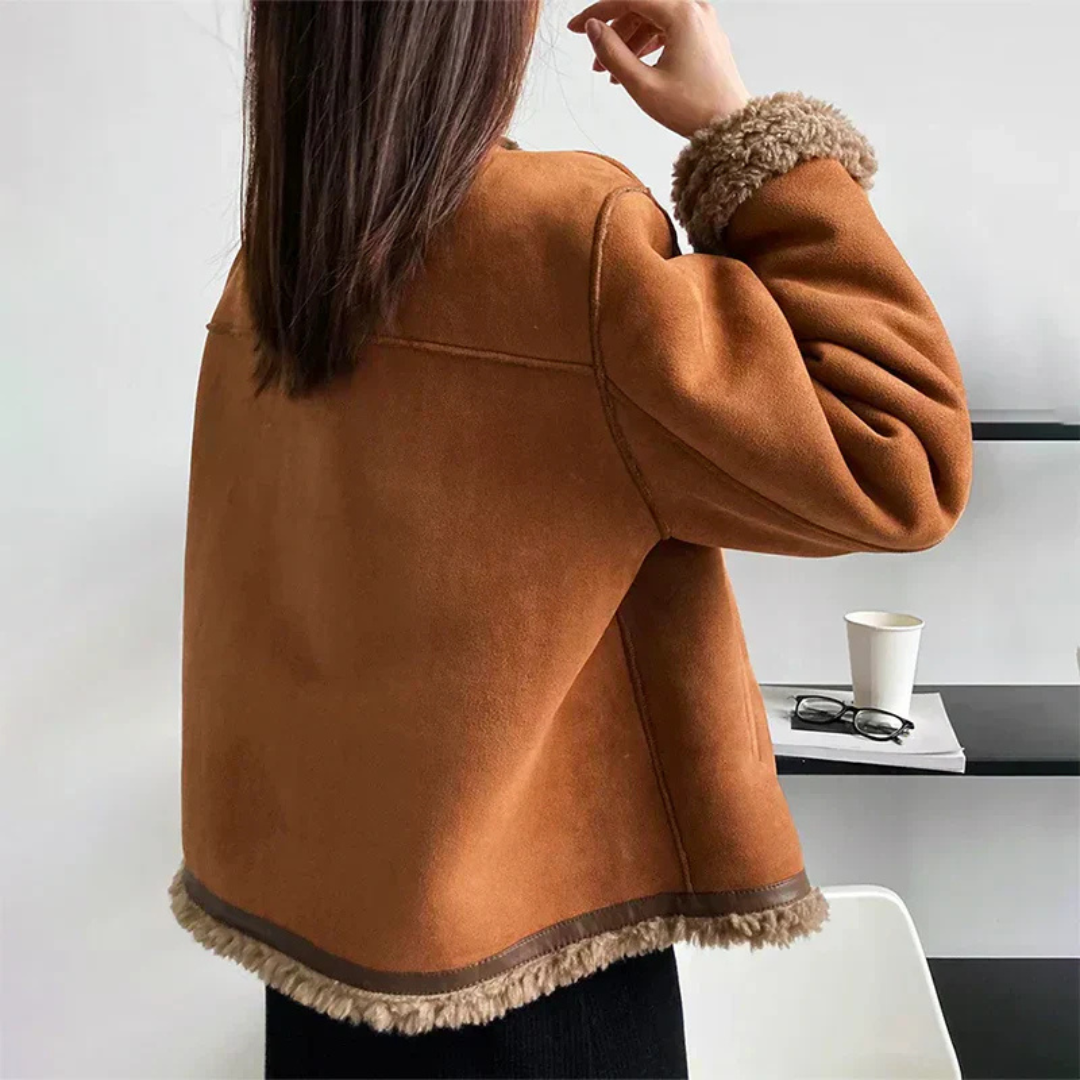 Kvinders Shearling Jakke Knaplukning Langærmet Regular Fit 1