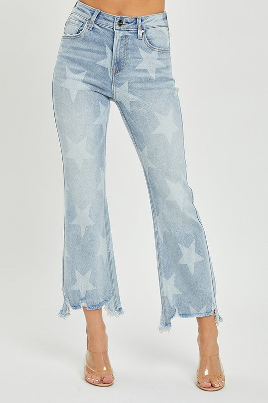 Kvinders Straight Jeans med Høj Talje og Stjerneprint i Lys Denim 2