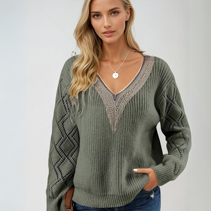 Kvinders Strik Pullover med V-hals og Detaljerede Ærmer 1