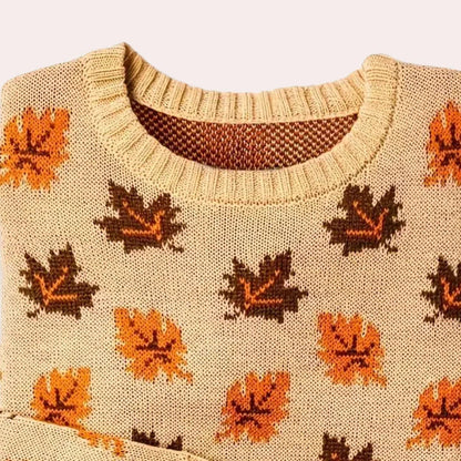 Kvinders Strikket Sweater med Bladmønster Rund Hals Langærmet 3