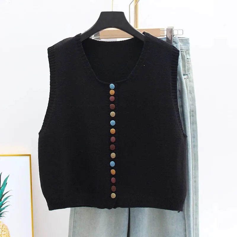 Kvinders Strikket Vest med Farverige Knapper Lagdelt Design 1