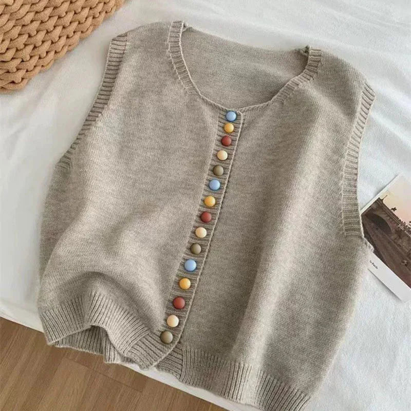 Kvinders Strikket Vest med Farverige Knapper Lagdelt Design 2