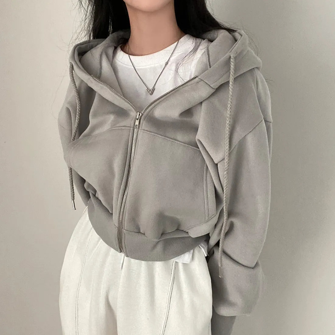 Kvinders Sweatshirt med Lynlås og Skrånende Skuldre 4
