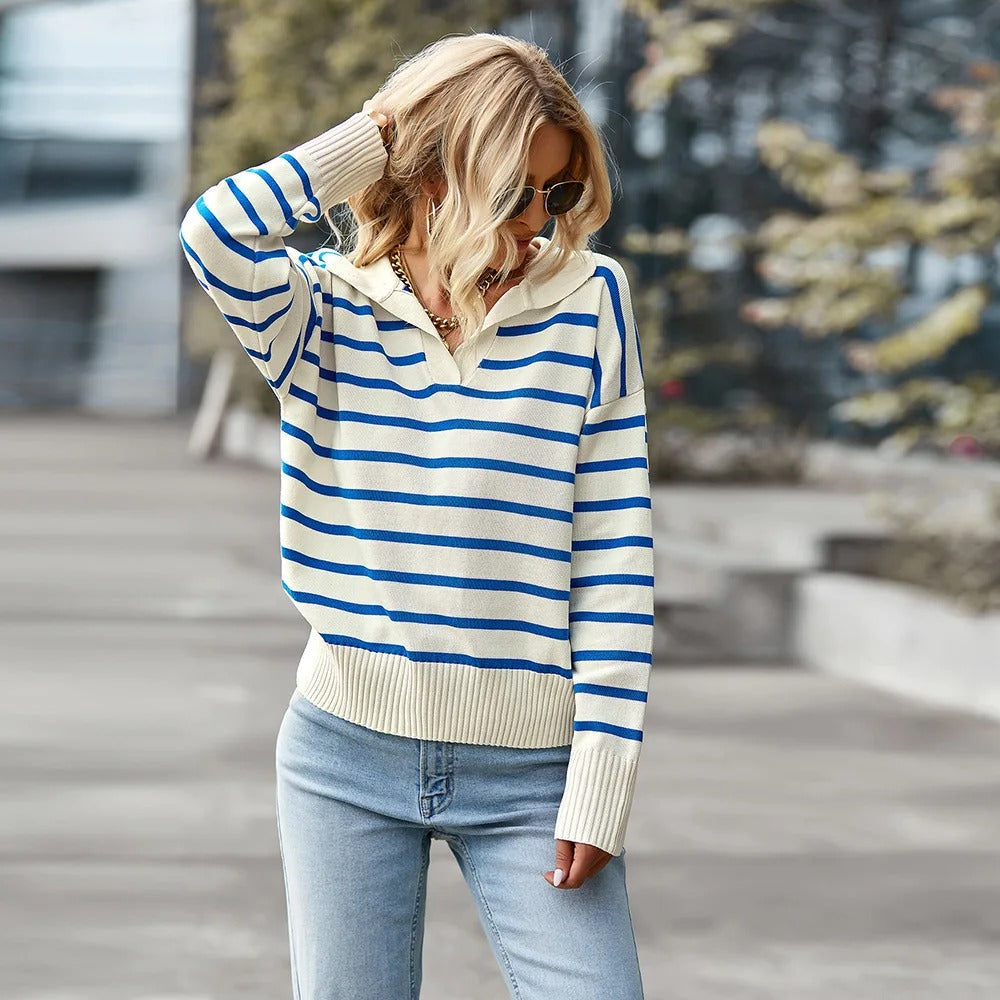 Kvinders V-Hals Sweater Stribet Åndbart Materiale 0