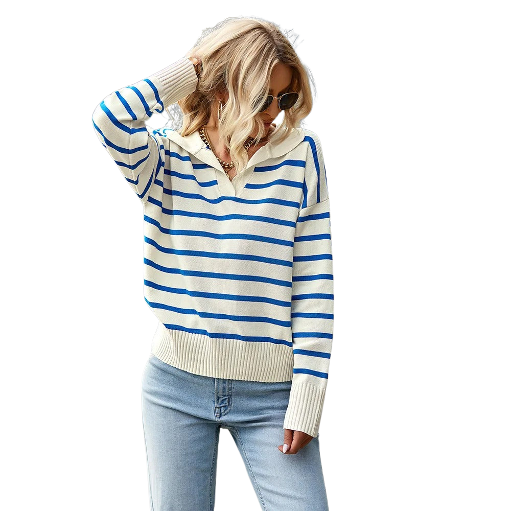 Kvinders V-Hals Sweater Stribet Åndbart Materiale 0