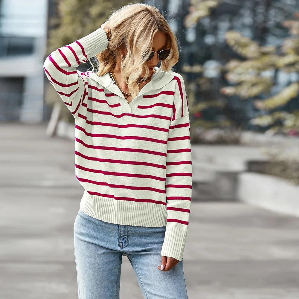 Kvinders V-Hals Sweater Stribet Åndbart Materiale 3