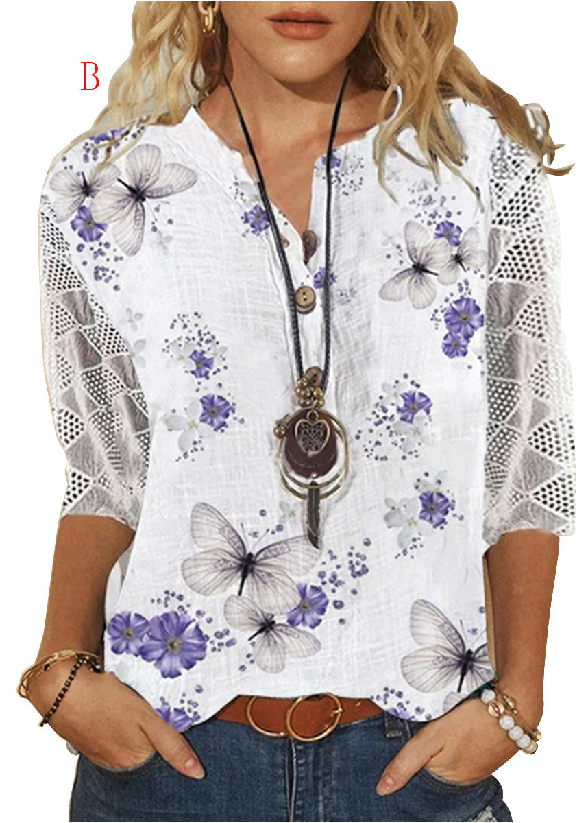 Kvinders V-hals Printet Bluse med Blonde Detaljer 1