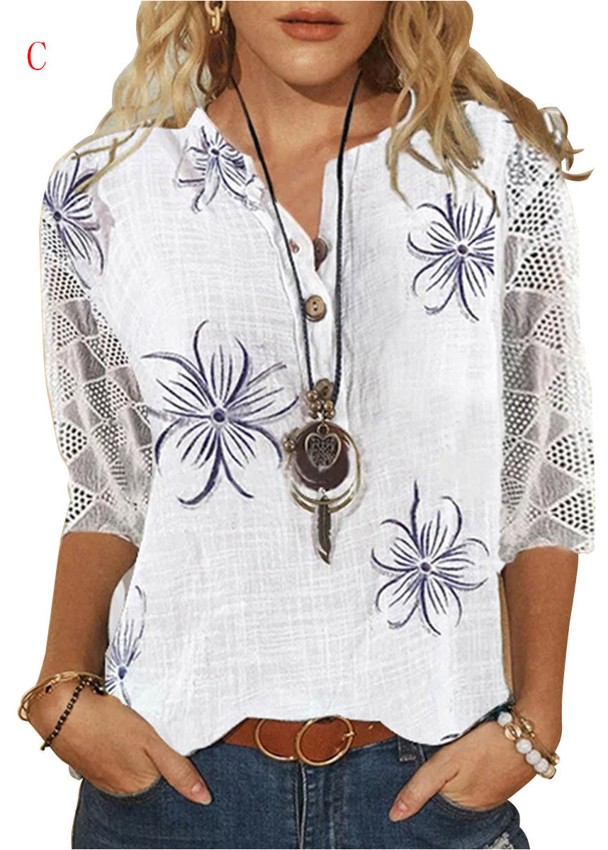 Kvinders V-hals Printet Bluse med Blonde Detaljer 2