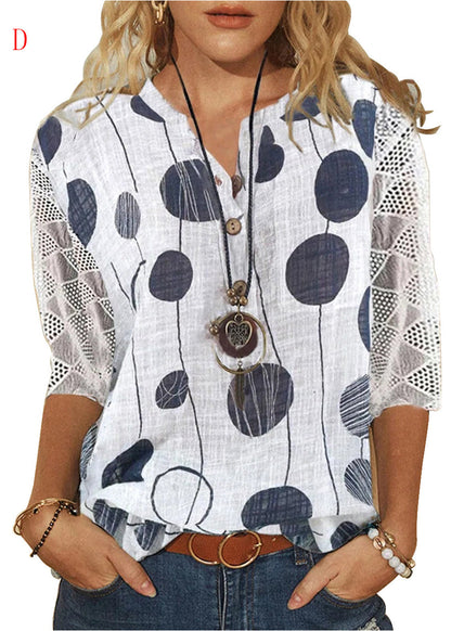 Kvinders V-hals Printet Bluse med Blonde Detaljer 3