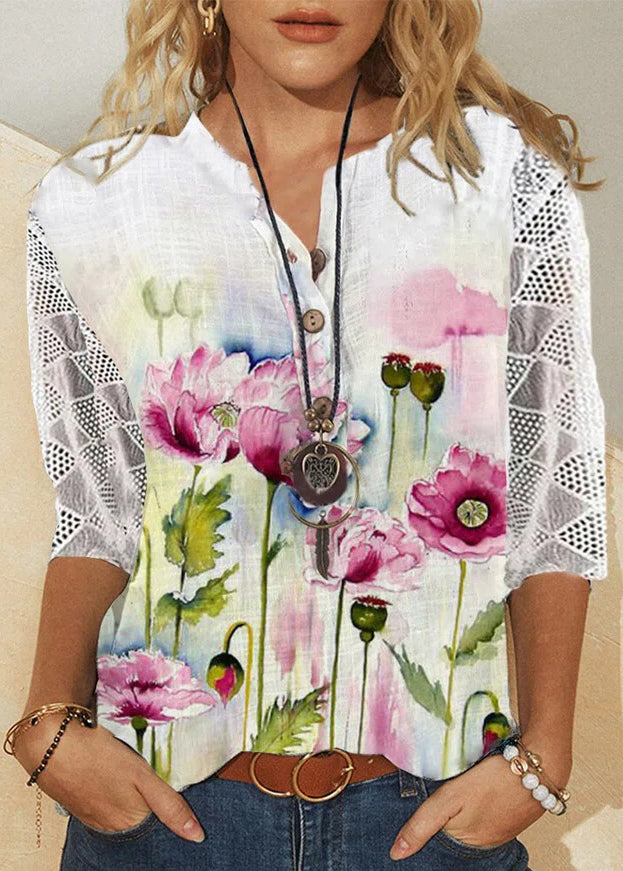 Kvinders V-hals Printet Bluse med Blonde Detaljer 4
