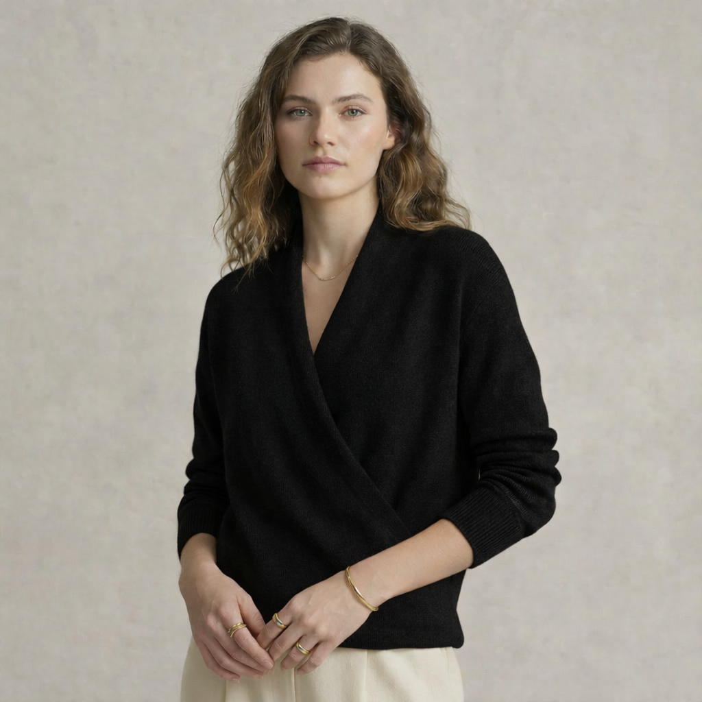 Kvinders Wrap Sweater V-udskæring Ribbede Detaljer 3