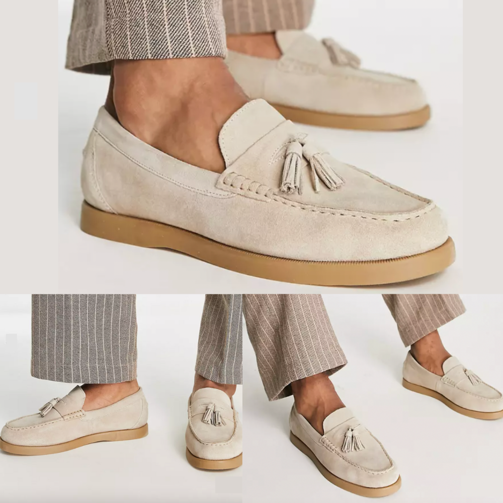Mænds Læder Loafers Elegant Beige Perforeret Design-3