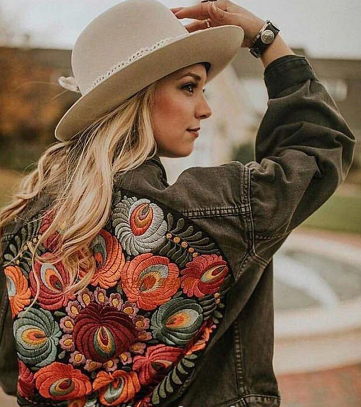 Kvinders Denimjakke Blomsterprint Kvalitets Denim-1