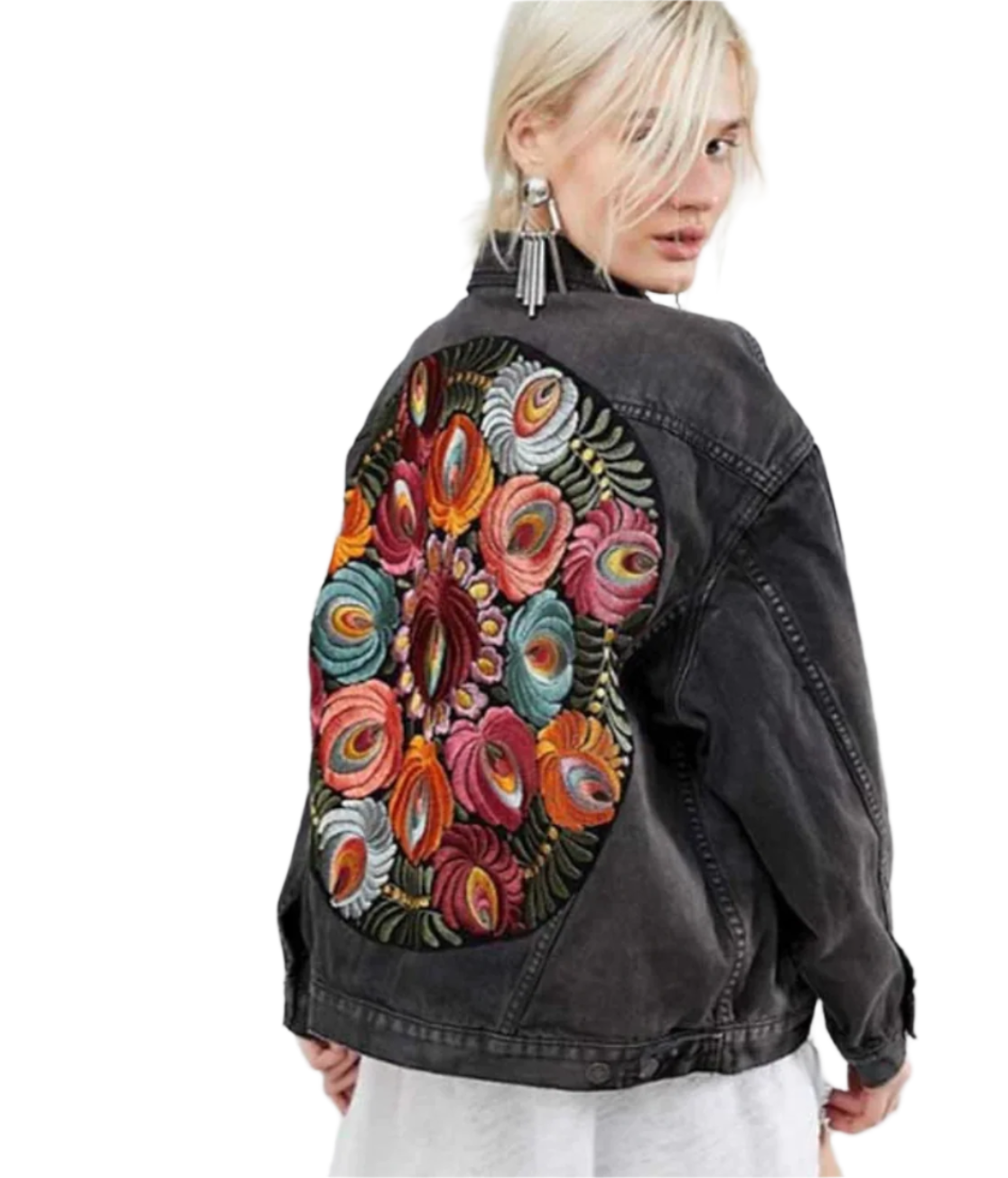 Kvinders Denimjakke Blomsterprint Kvalitets Denim-5