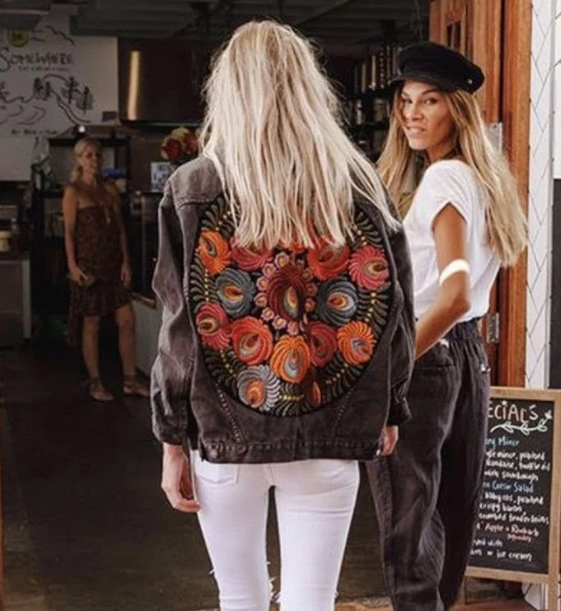 Kvinders Denimjakke Blomsterprint Kvalitets Denim-4