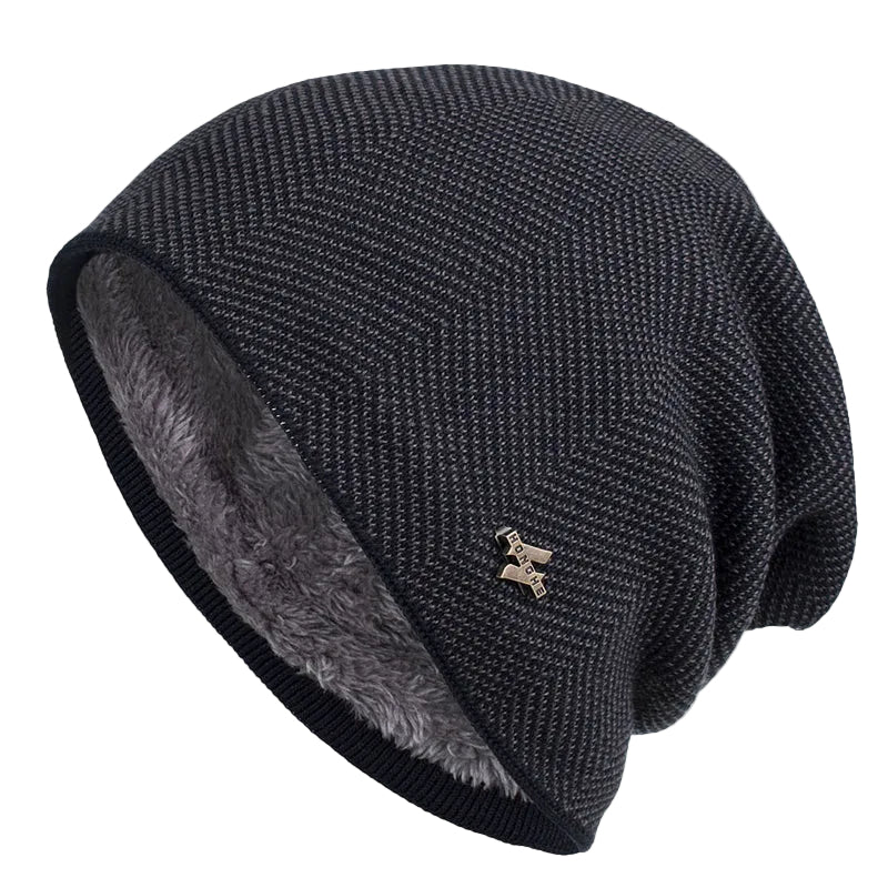 Mænds Slouch Beanie med Fleeceforing og Tekstureret Strikdesign 0